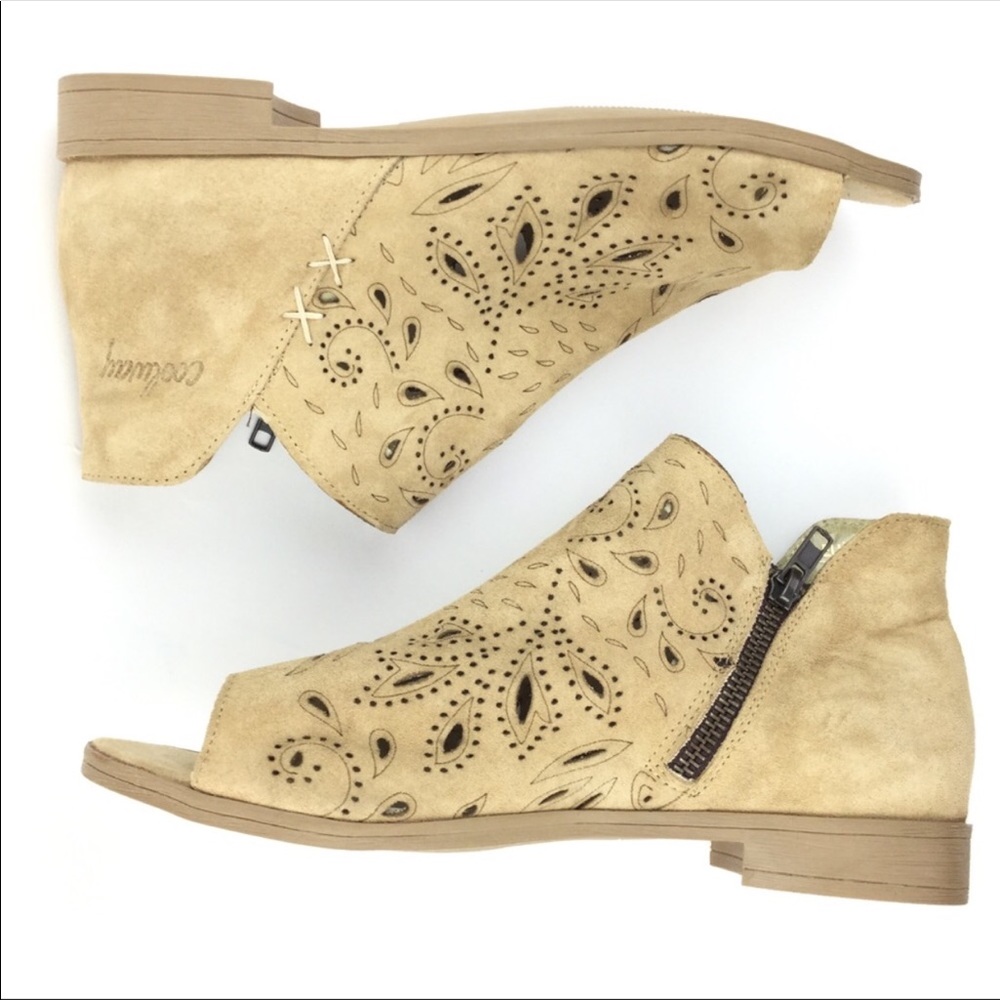 Coolway open toe tan Laser cut suede bootie size 9